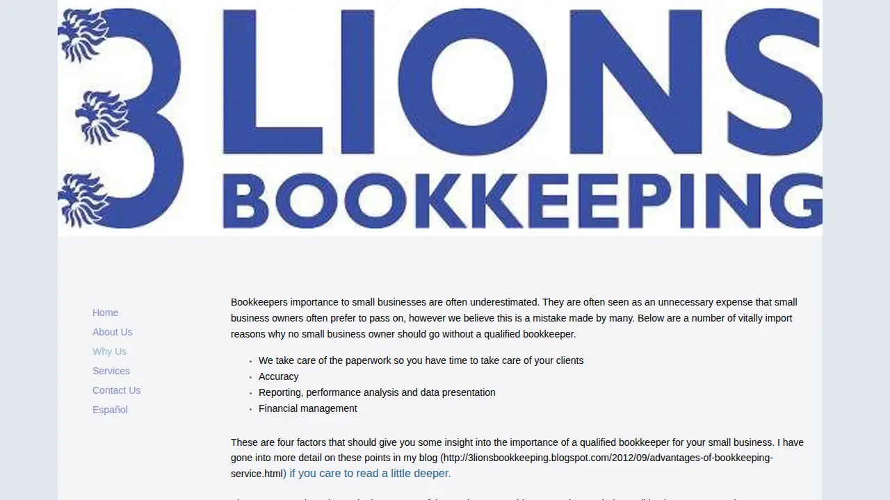 3 Lions Bookkeeping page