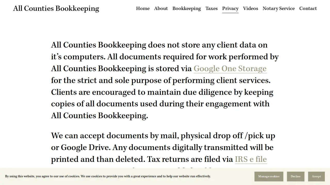 All Counties Bookkeeping page