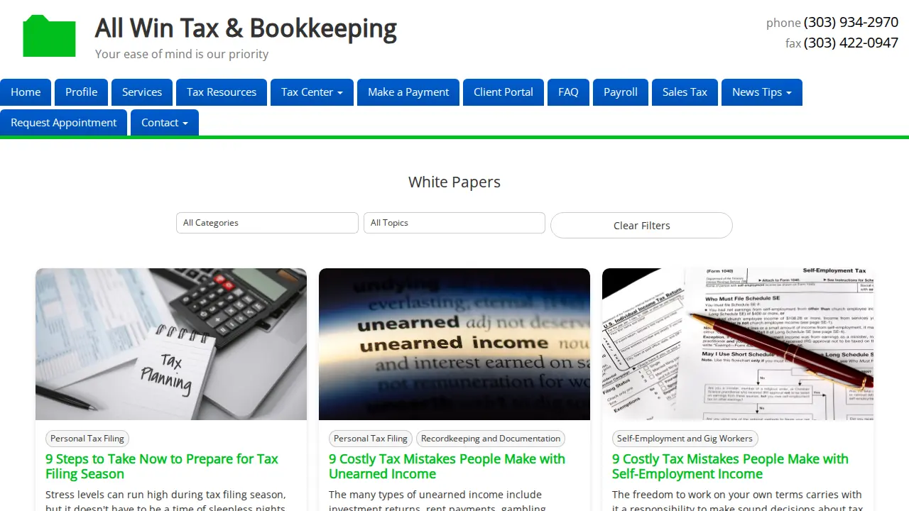 All Win Tax & Bookkeeping page