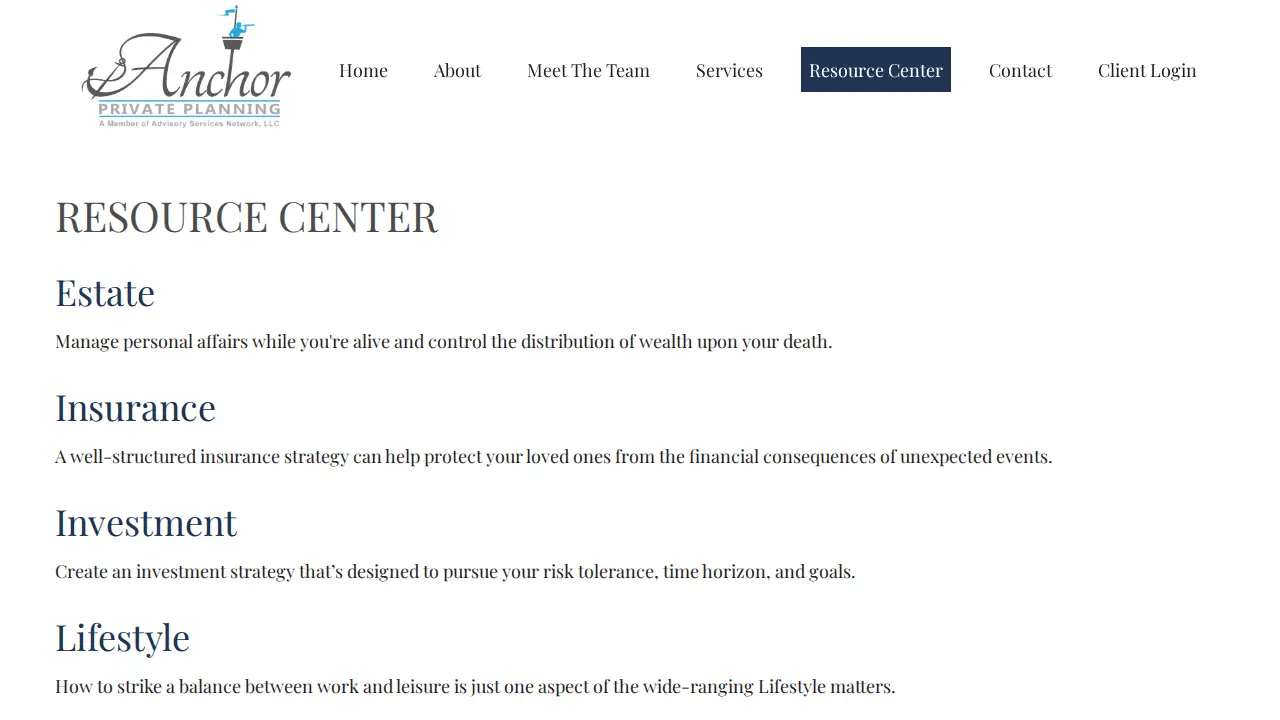 Anchor Private Planning page