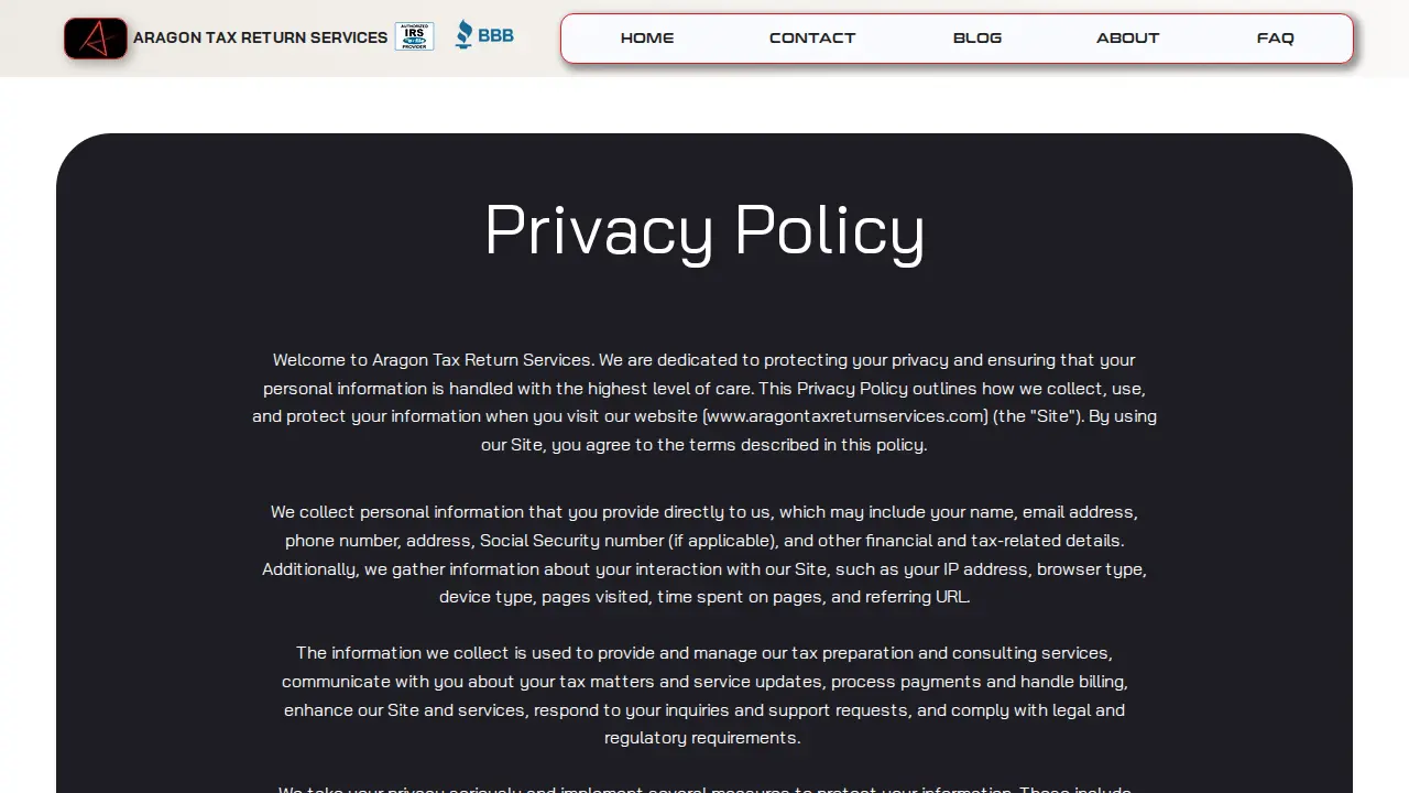 Aragon Tax Return Services page