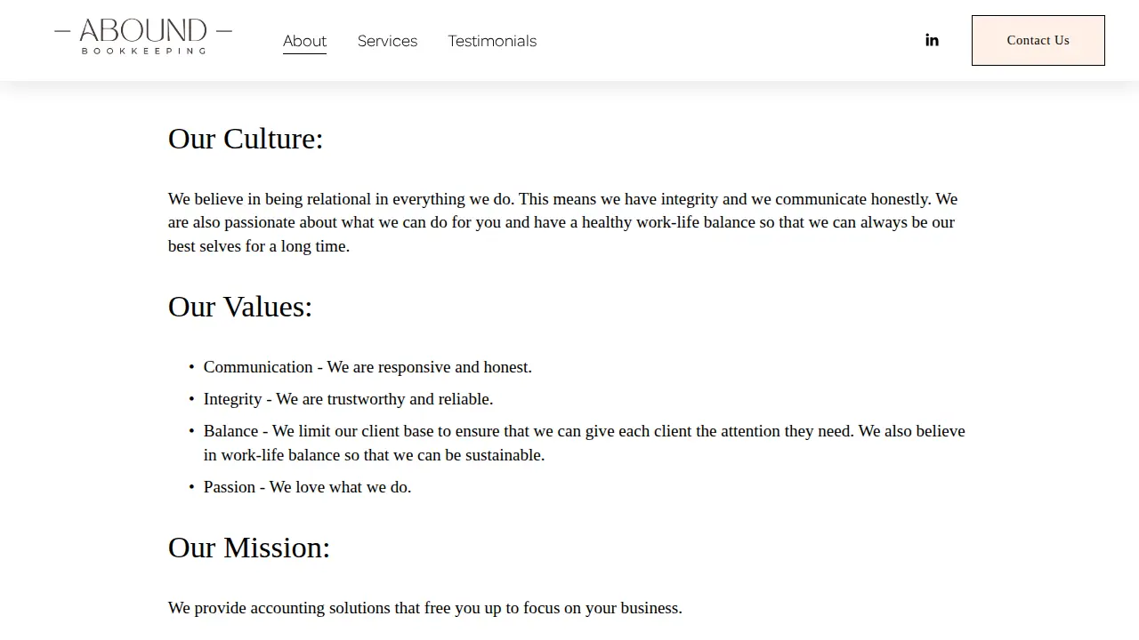 Abound Bookkeeping page
