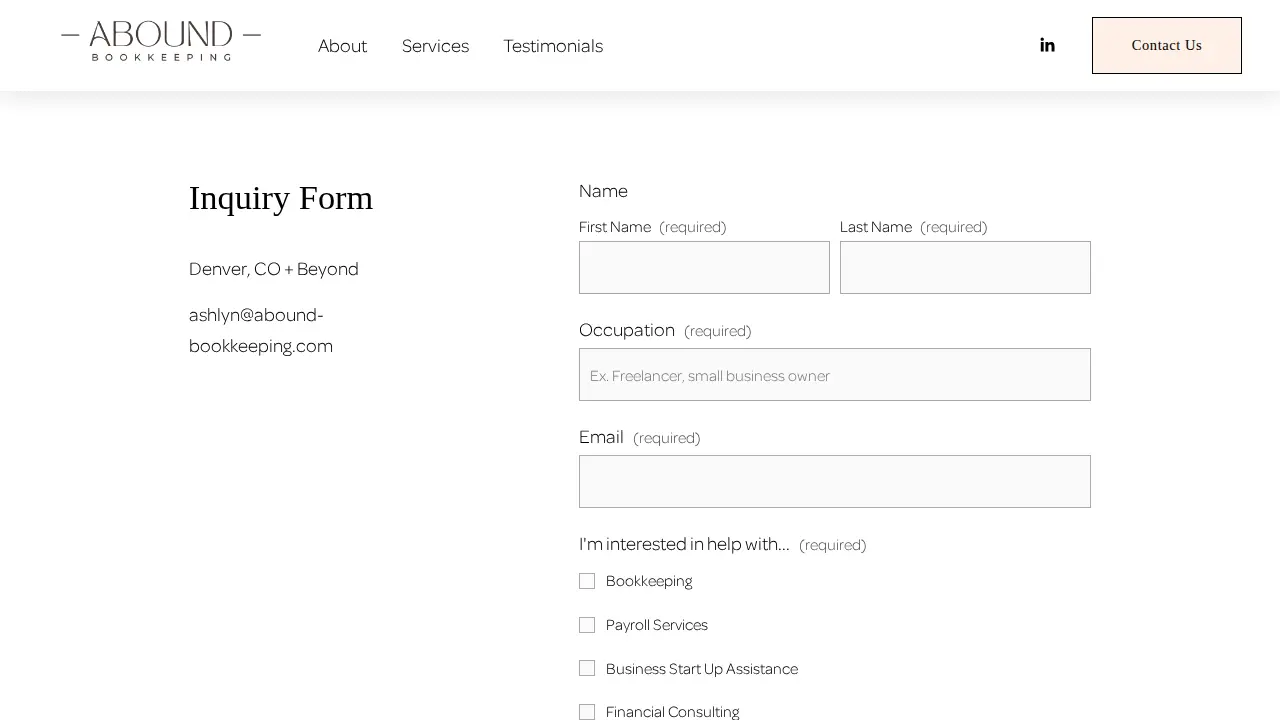 Abound Bookkeeping page