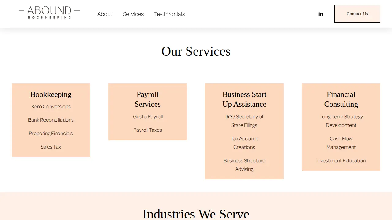 Abound Bookkeeping page