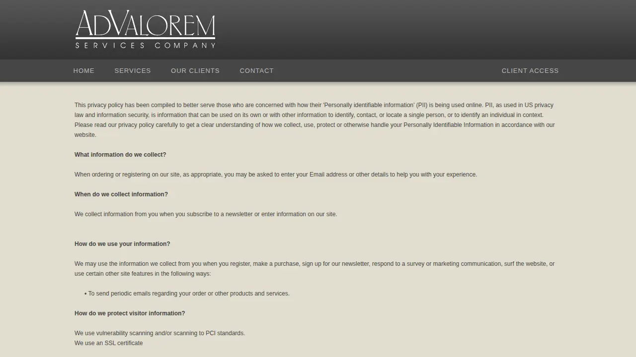 Ad Valorem Services Company page