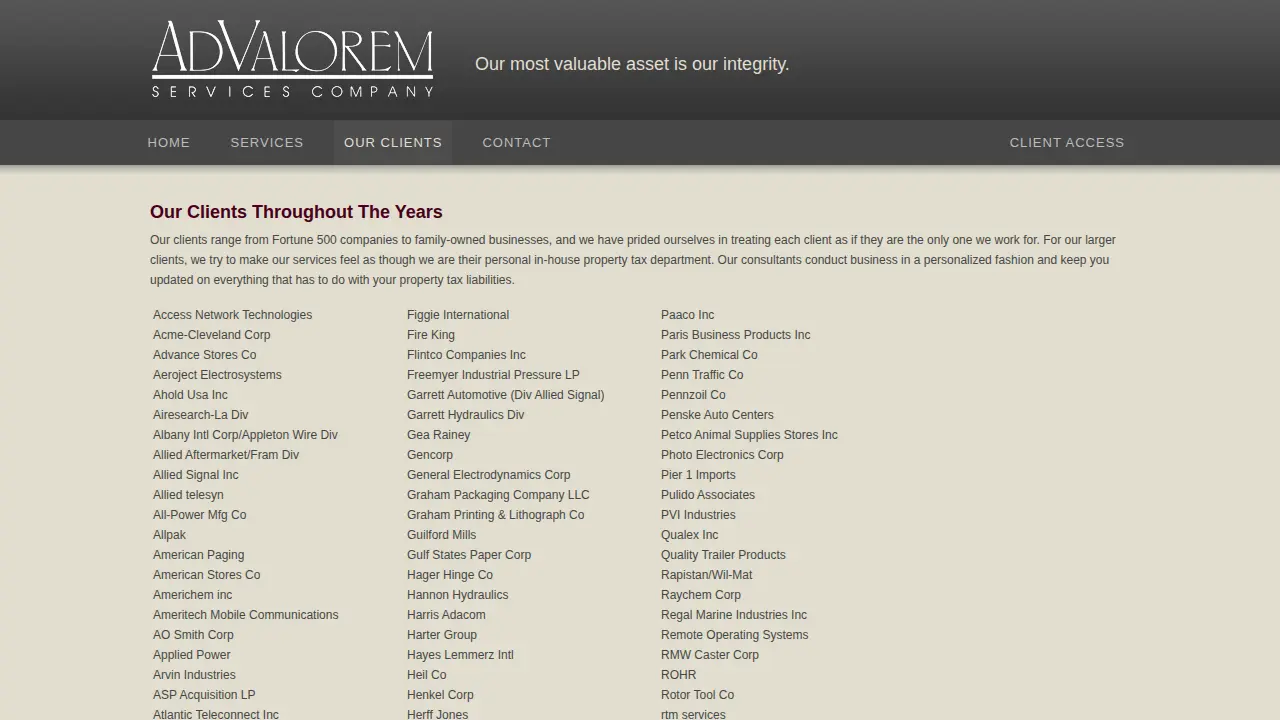 Ad Valorem Services Company page