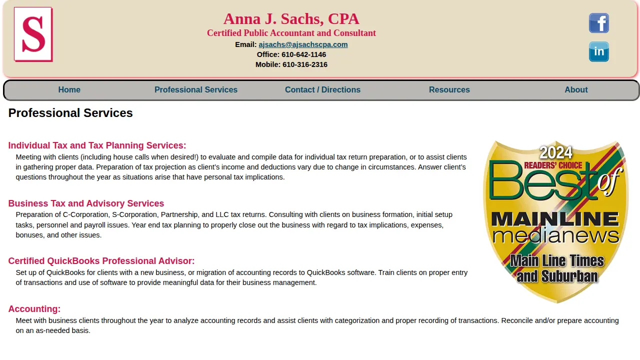 Anna J Sachs, CPA LLC page