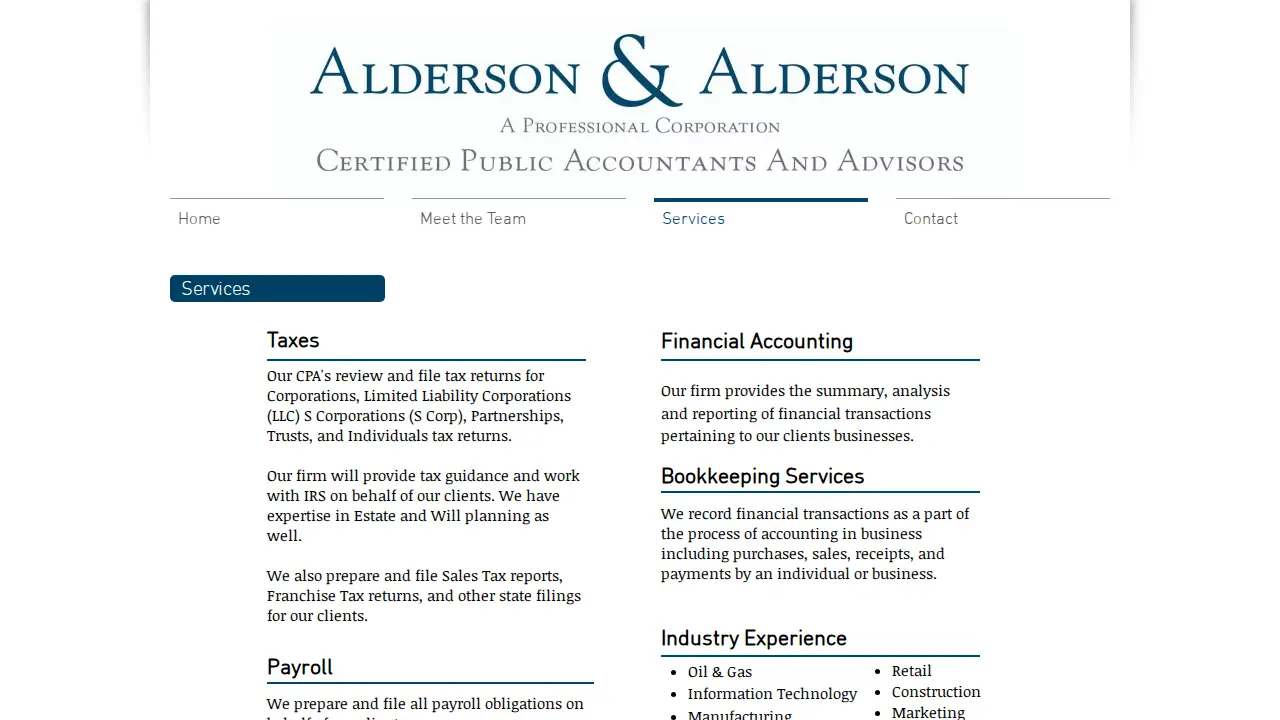 Alderson and Alderson, CPAs and Advisors page