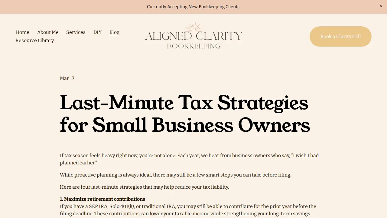 Aligned Clarity Bookkeeping page