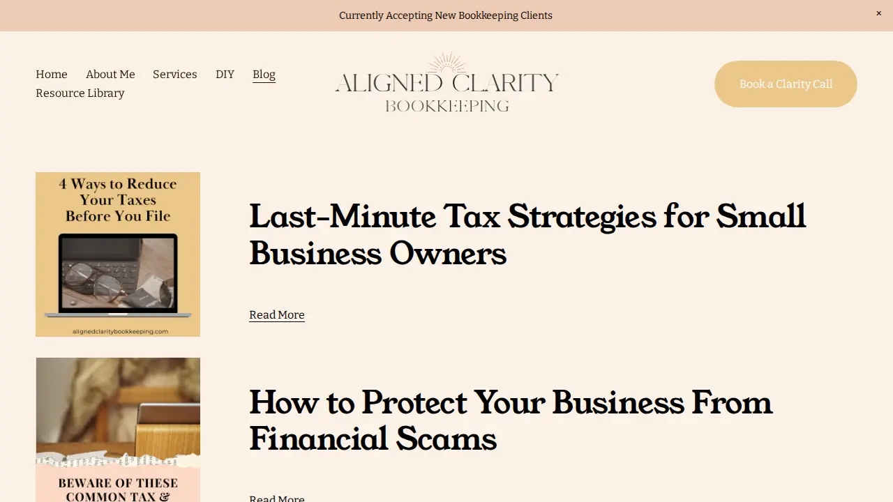 Aligned Clarity Bookkeeping page