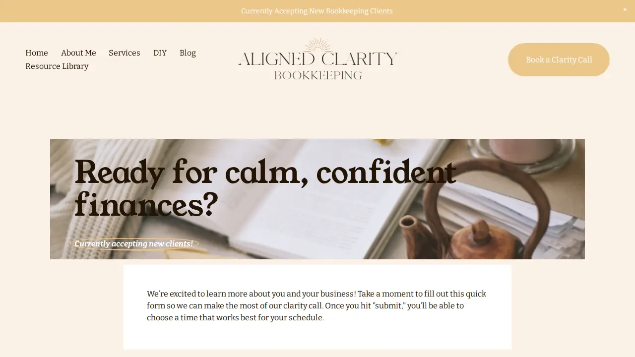 Aligned Clarity Bookkeeping page