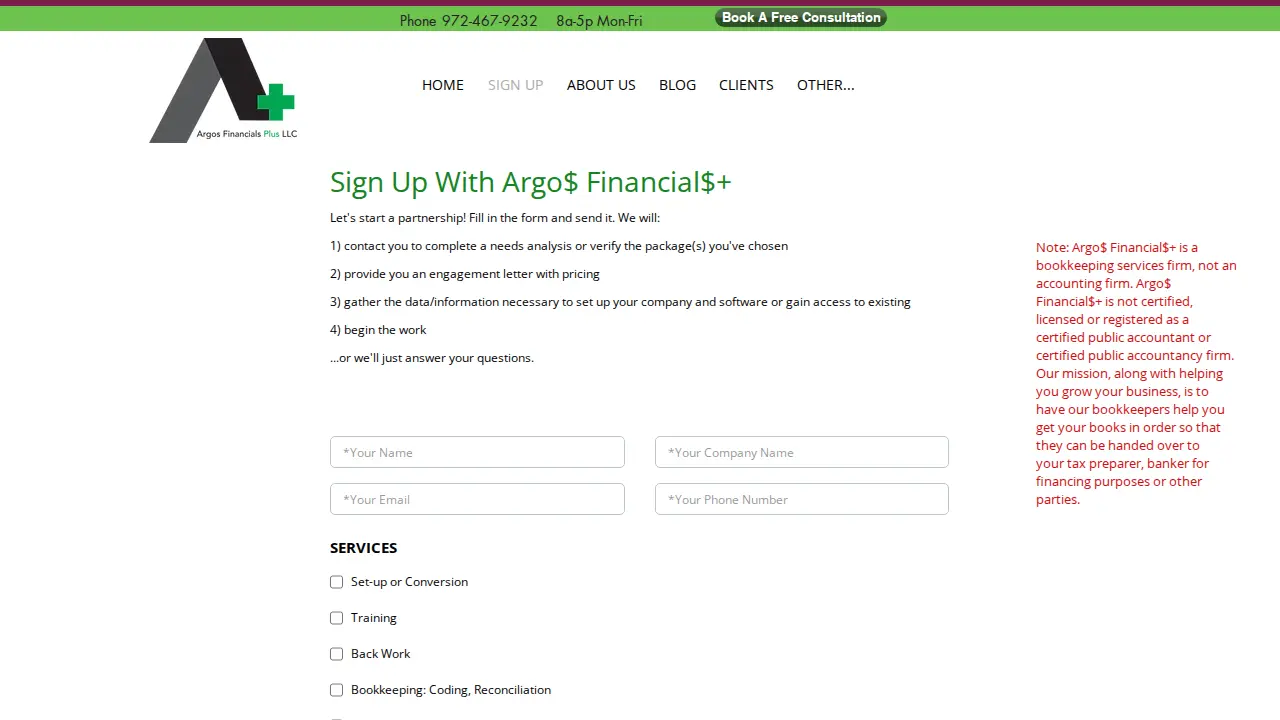 Argos Financials Plus page
