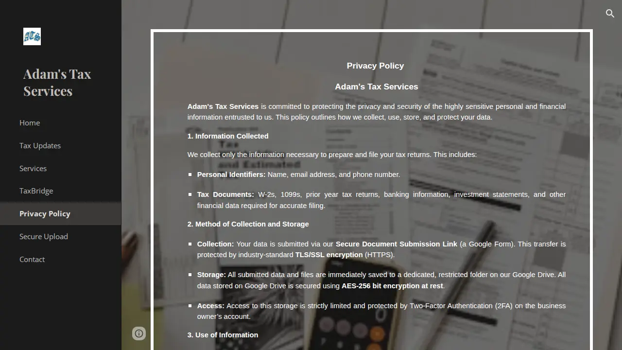 ADAMS TAX SERVICES page