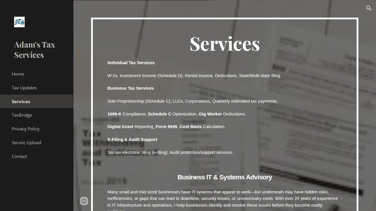 ADAMS TAX SERVICES page