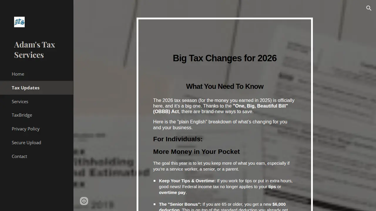 ADAMS TAX SERVICES page