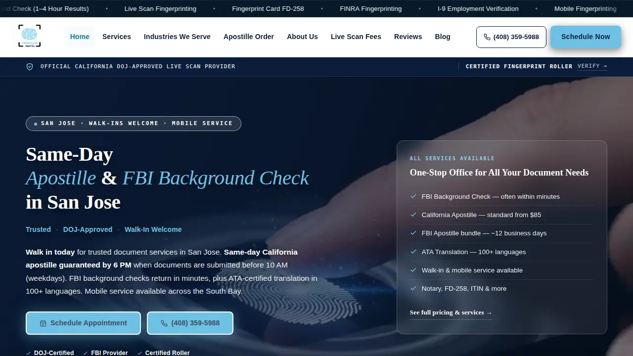 Fingerscan Digital | FBI Background Check | Apostille | Fingerprint Card | Mobile Fingerprinting | ITIN