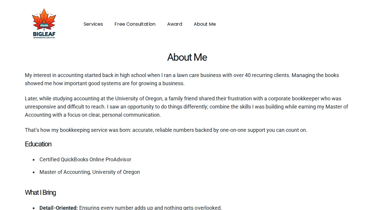 Bigleaf Bookkeeping Services page