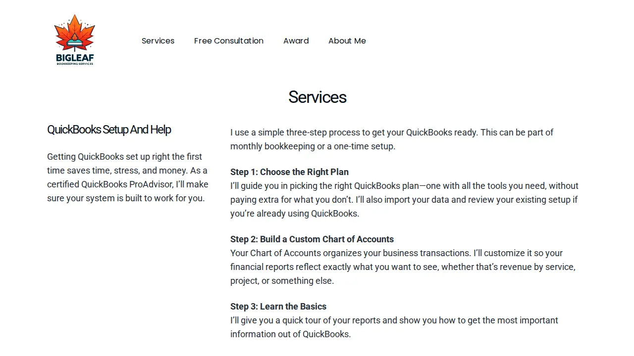 Bigleaf Bookkeeping Services page