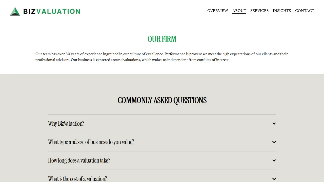 BizValuation, Inc. page