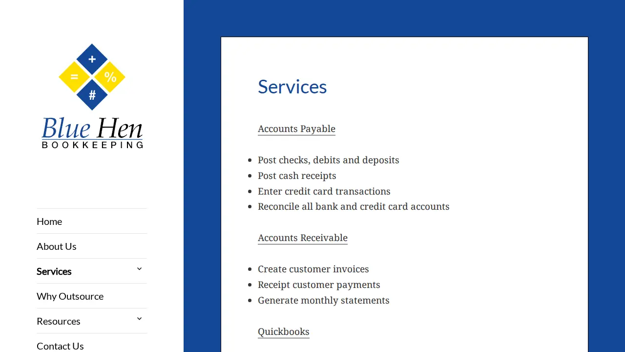 Blue Hen Bookkeeping page