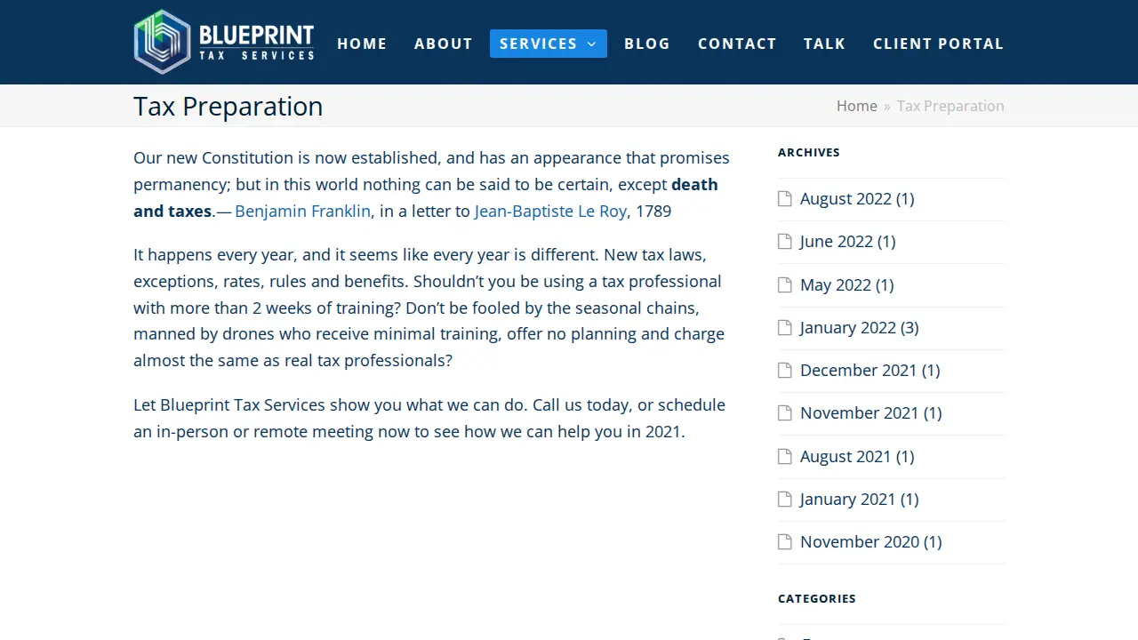 Blueprint Tax Services page