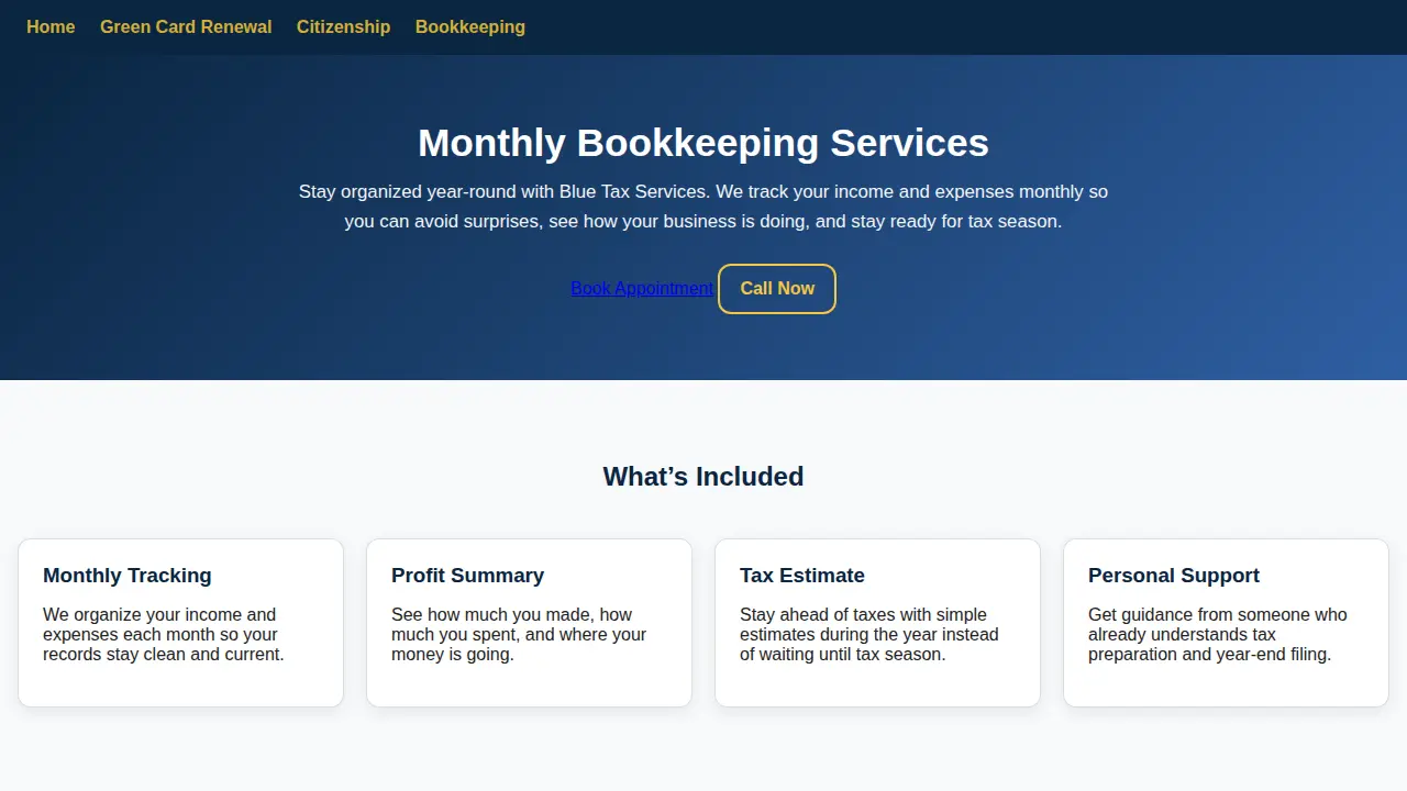 Blue Tax Services page
