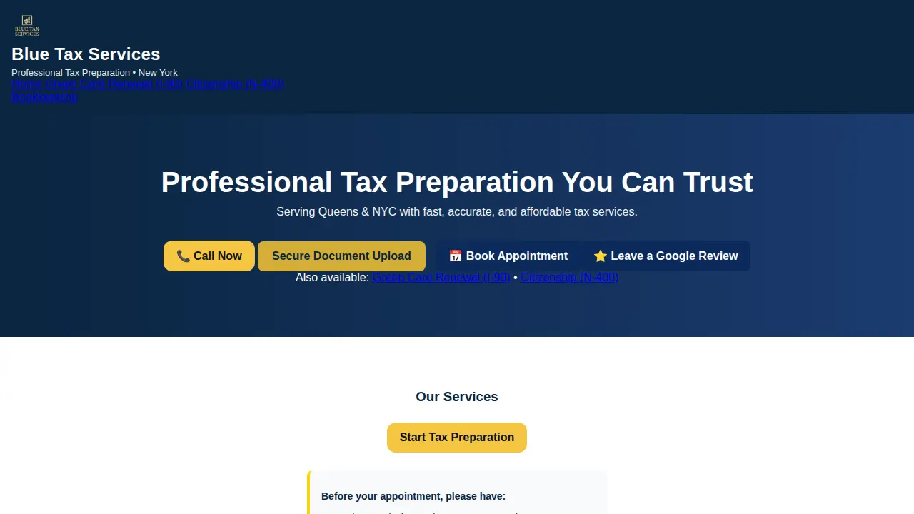 Blue Tax Services page