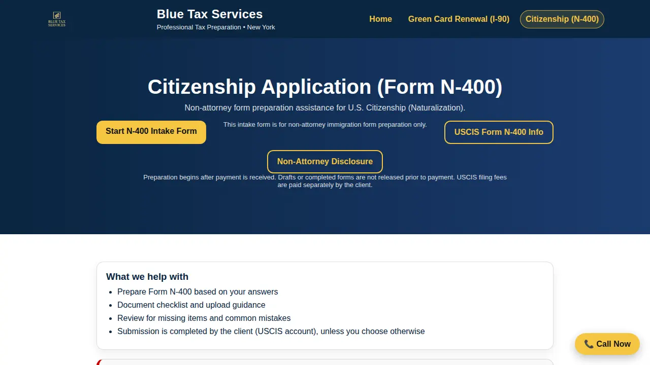 Blue Tax Services page