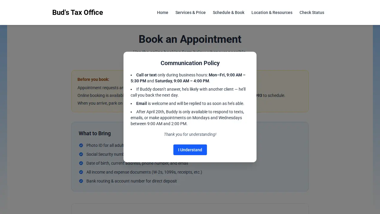 Buds Tax Office page