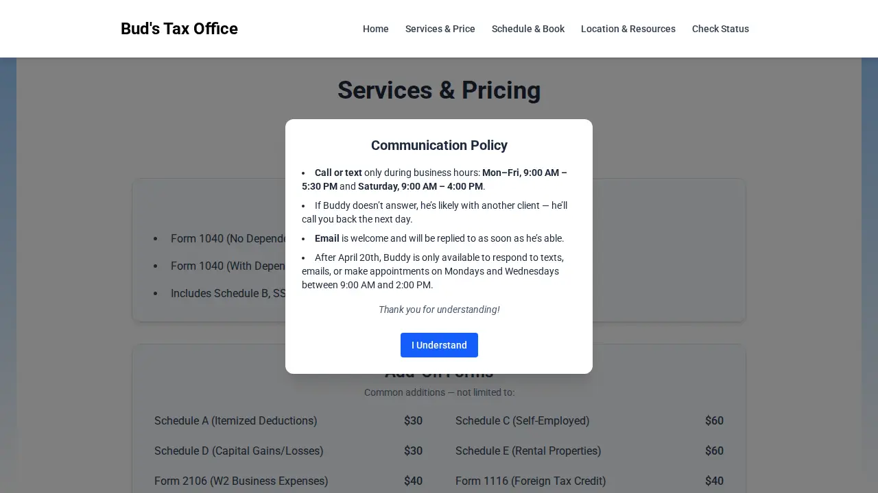 Buds Tax Office page