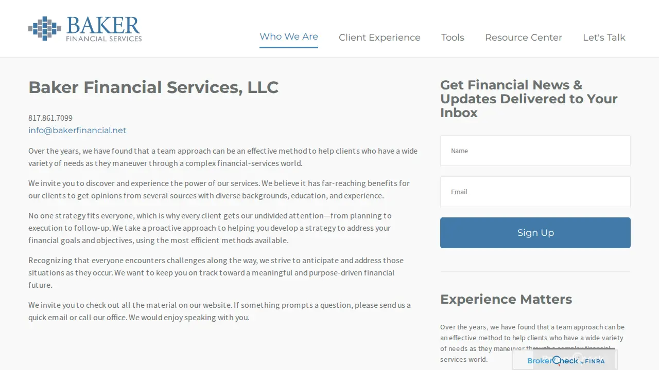 Baker Financial Services page