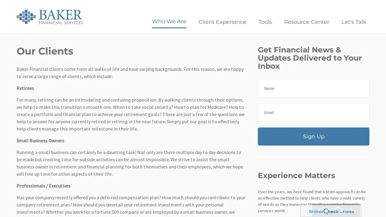 Baker Financial Services page