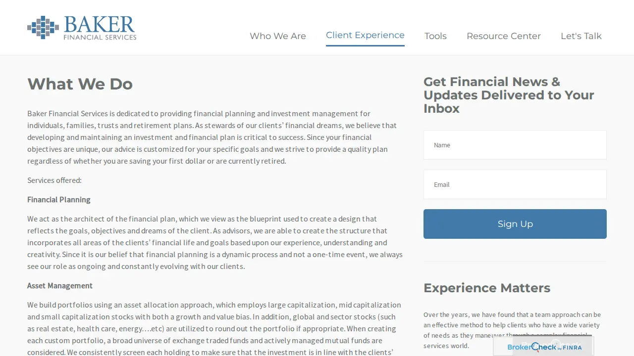 Baker Financial Services page