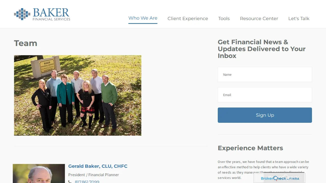 Baker Financial Services page