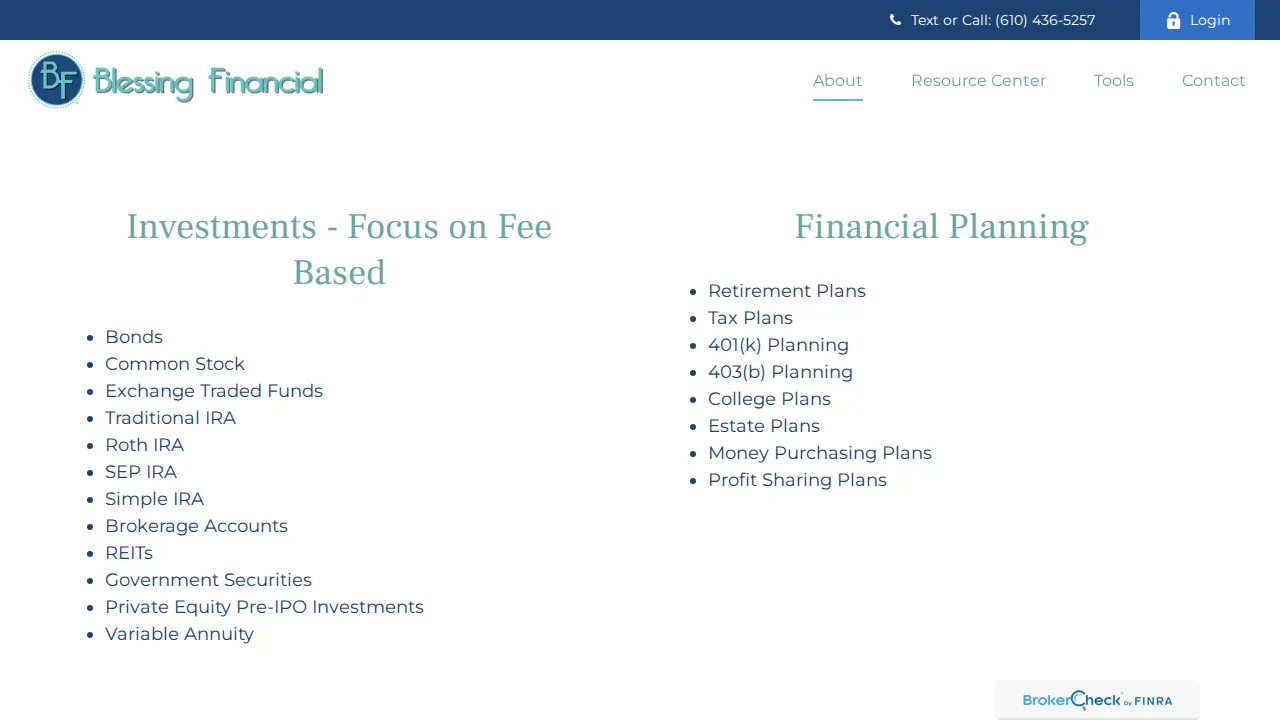 Blessing Financial page