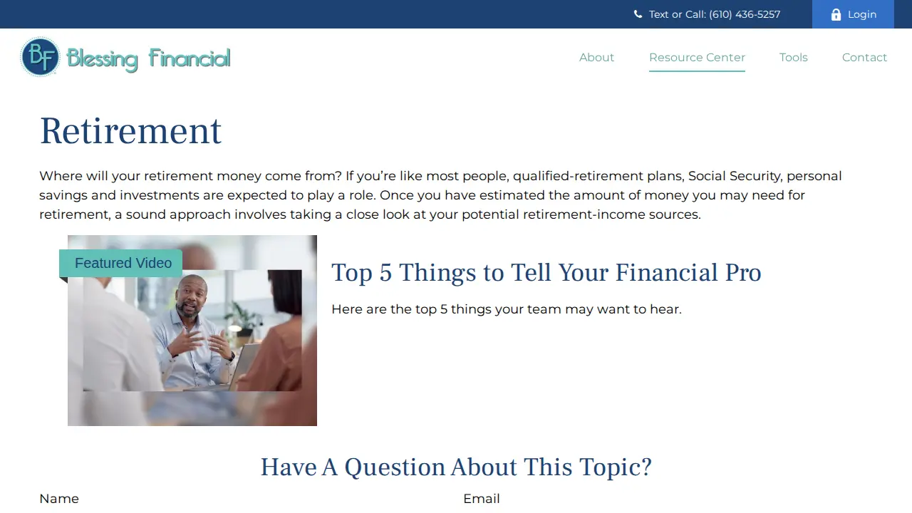 Blessing Financial page