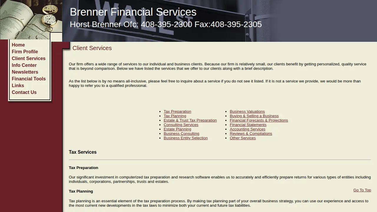 Brenner Financial Services page