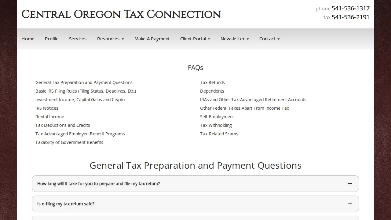 Central Oregon Tax Connection page