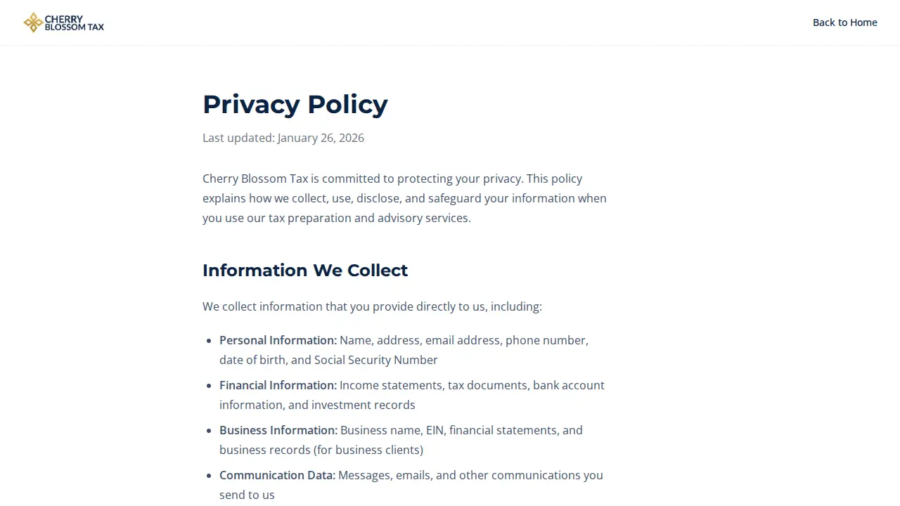 Cherry Blossom Tax page
