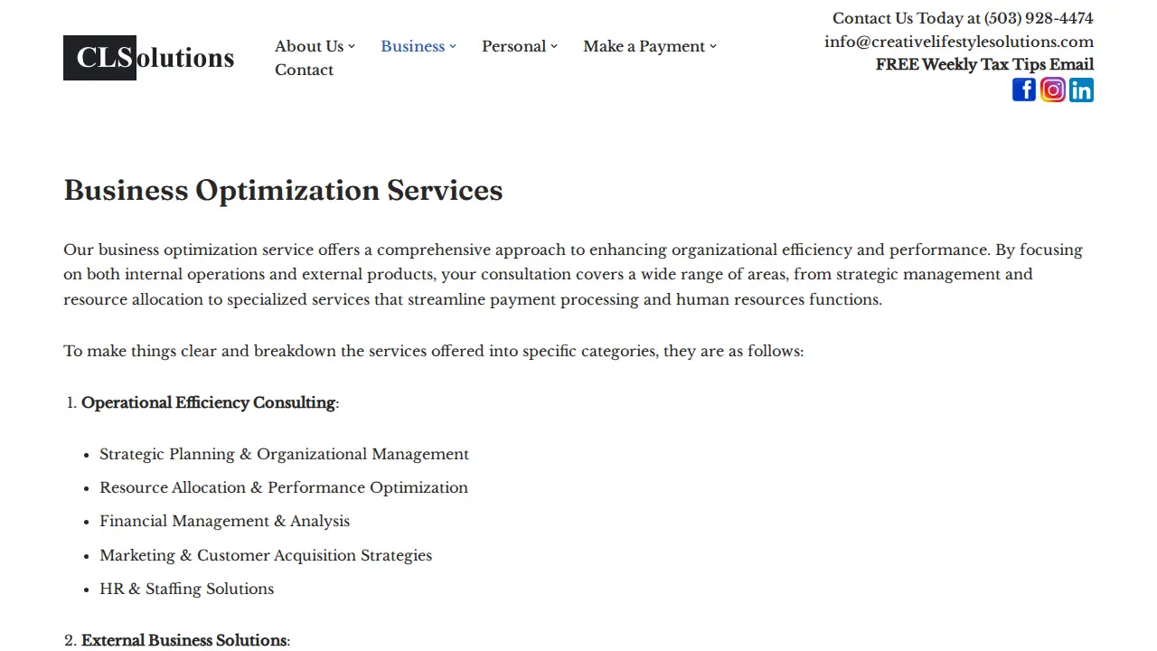 Creative Lifestyle Solutions page