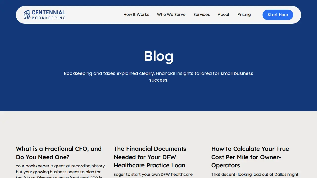 Centennial Bookkeeping page