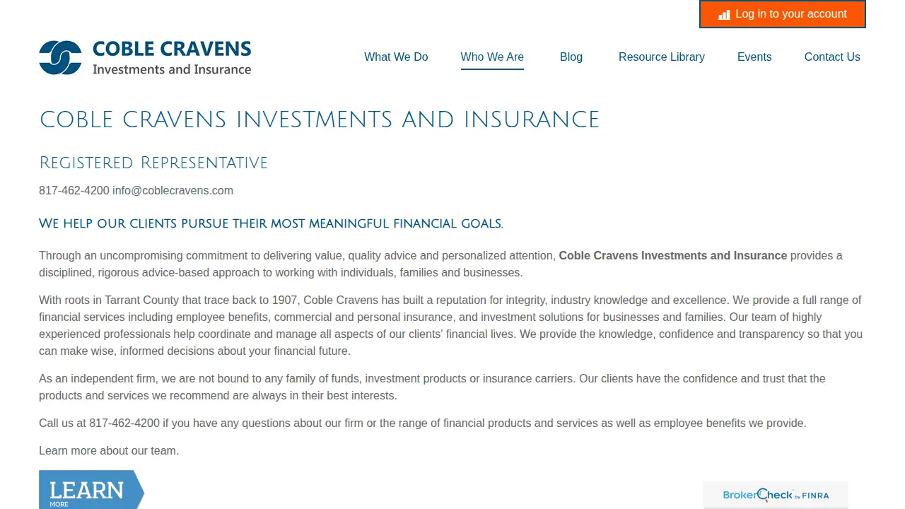Coble Cravens Investments and Insurance page