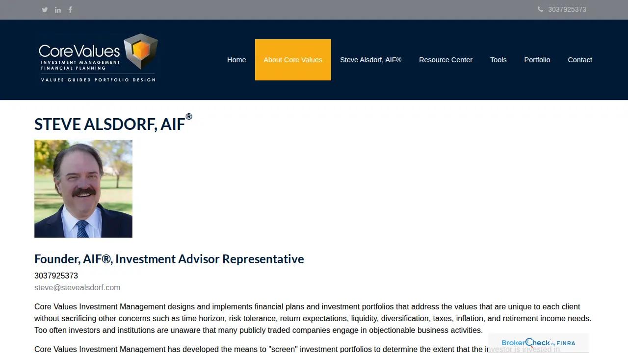 Core Values Investment Management page