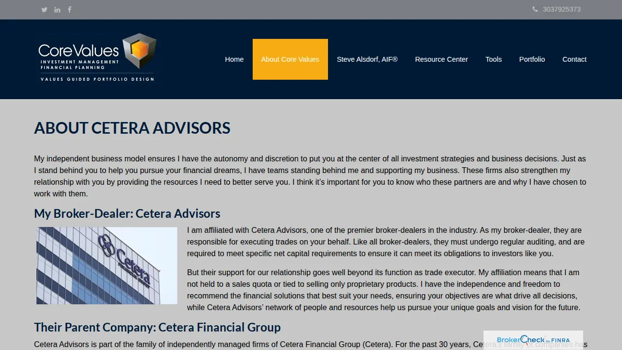 Core Values Investment Management page