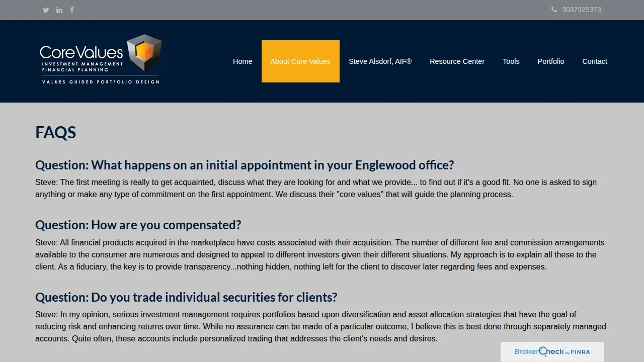 Core Values Investment Management page