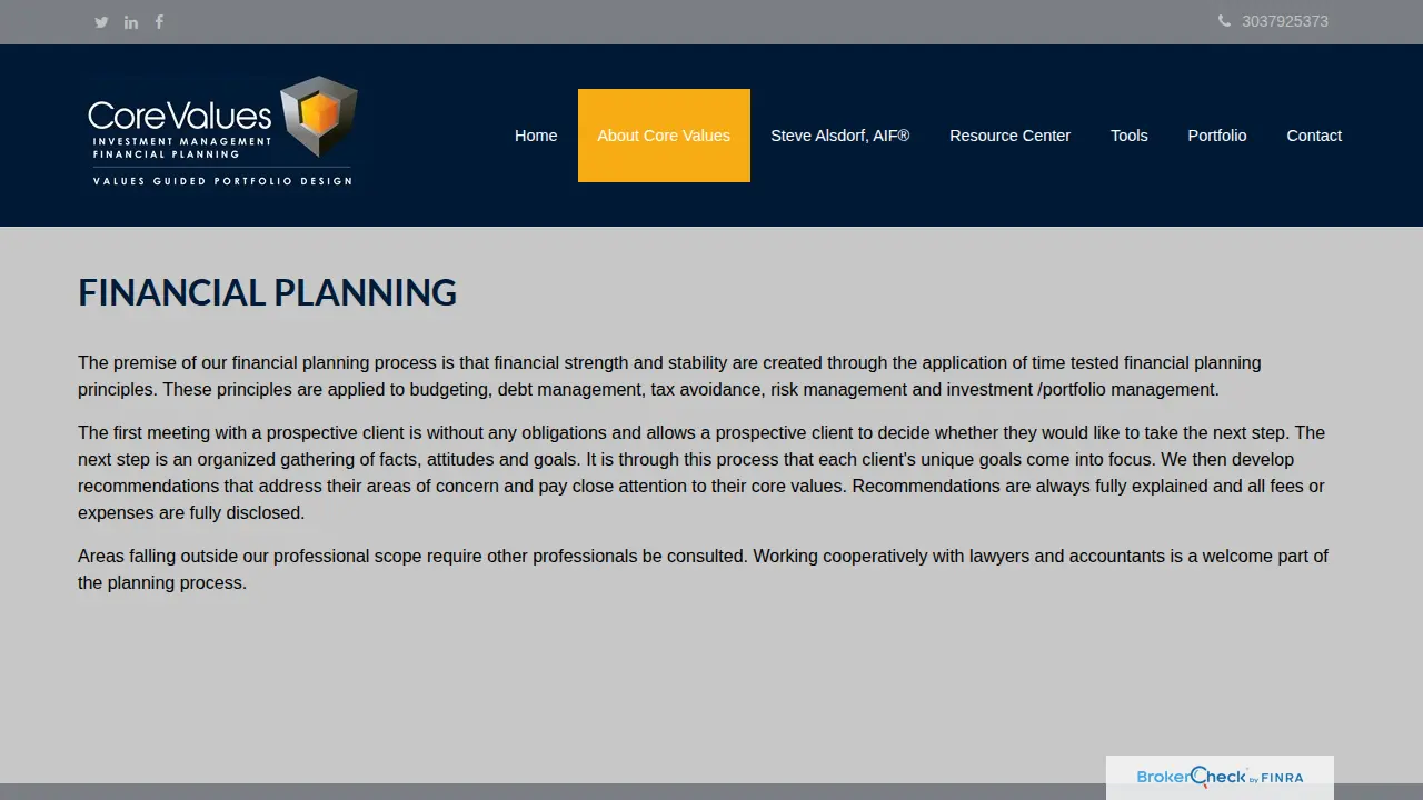 Core Values Investment Management page