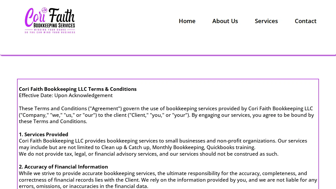 Cori Faith Bookkeeping Services page
