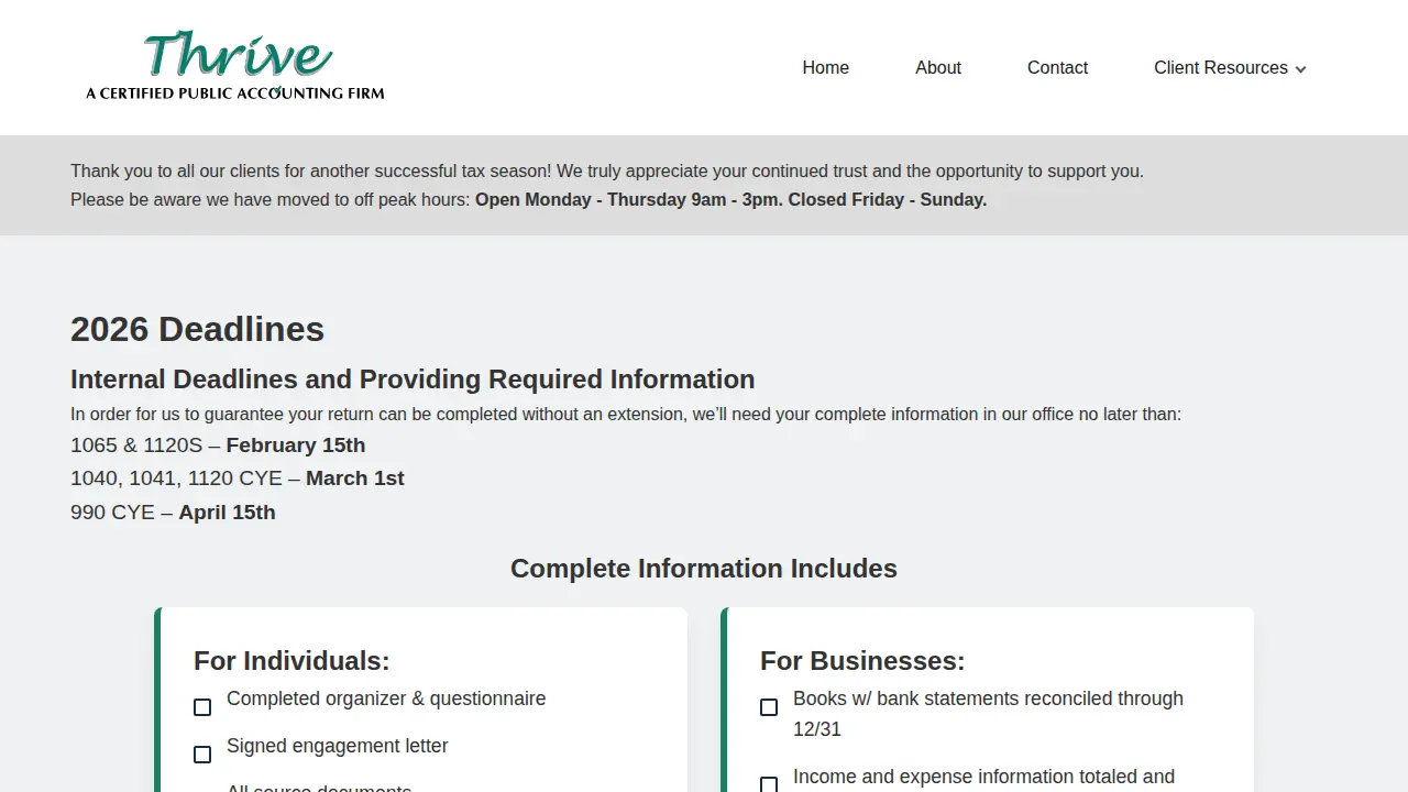 Thrive, A Certified Public Accounting Firm page