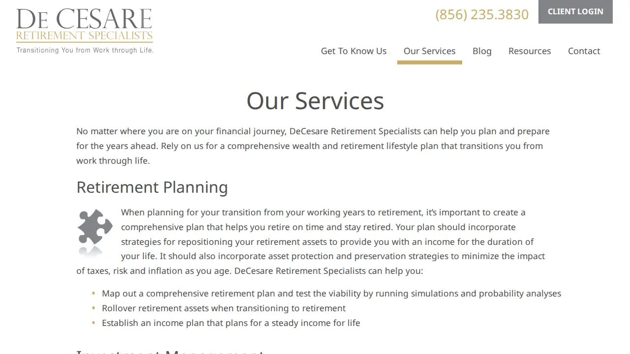 De Cesare Retirement Specialists page