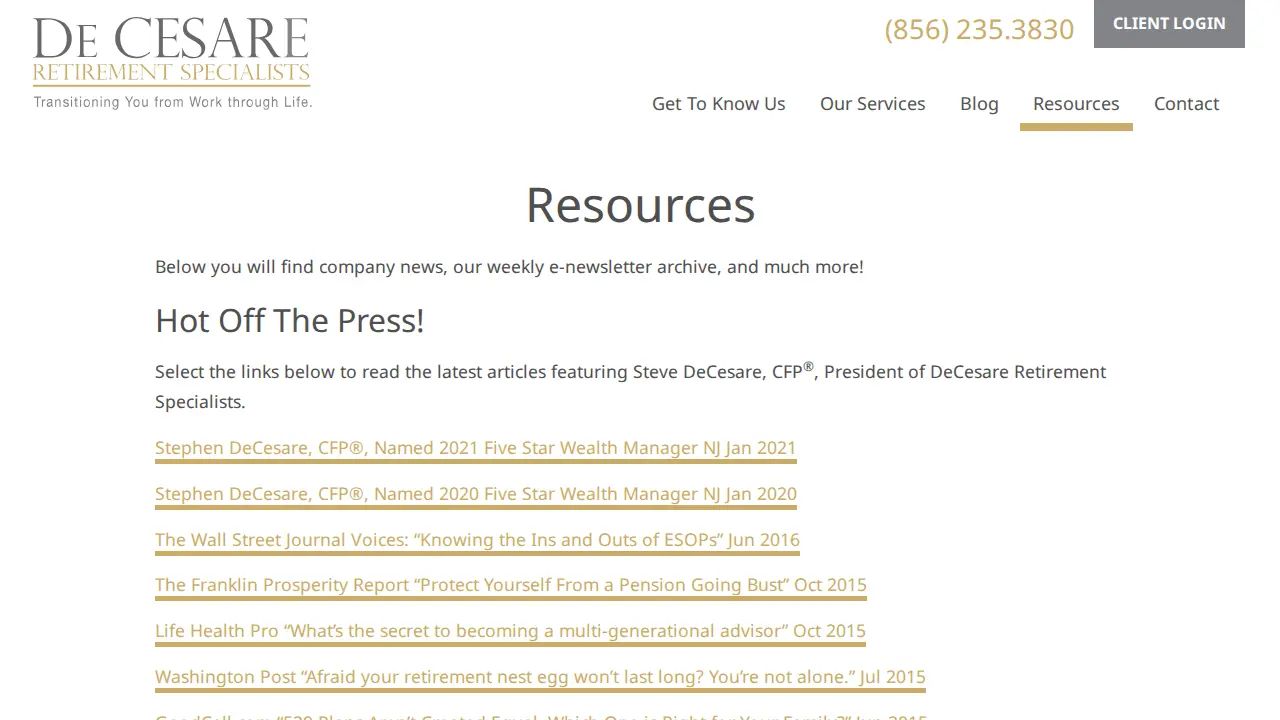 De Cesare Retirement Specialists page